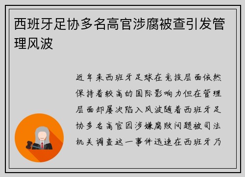 西班牙足协多名高官涉腐被查引发管理风波 西班牙足协多名高官涉腐被查引发管理风波