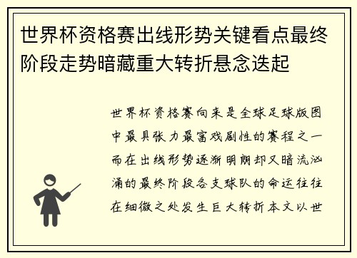 世界杯资格赛出线形势关键看点最终阶段走势暗藏重大转折悬念迭起