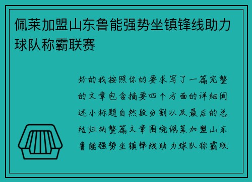 佩莱加盟山东鲁能强势坐镇锋线助力球队称霸联赛